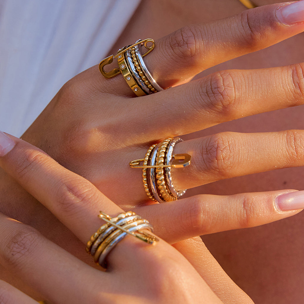 18K Gold and Silver Two Tone Safety Pin Spinelli Connected Multi Layers Stacking Ring