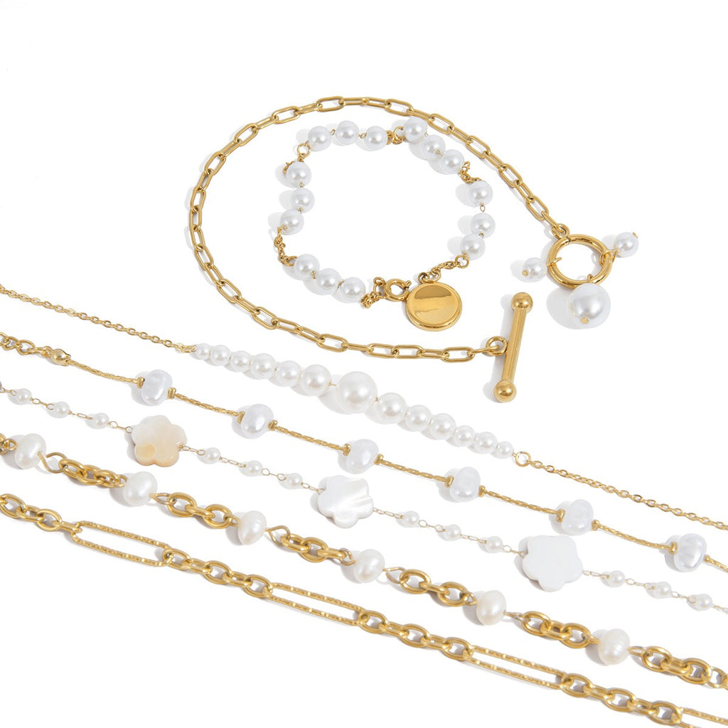 18K Gold Floating Pearls Chain Bracelet Stack