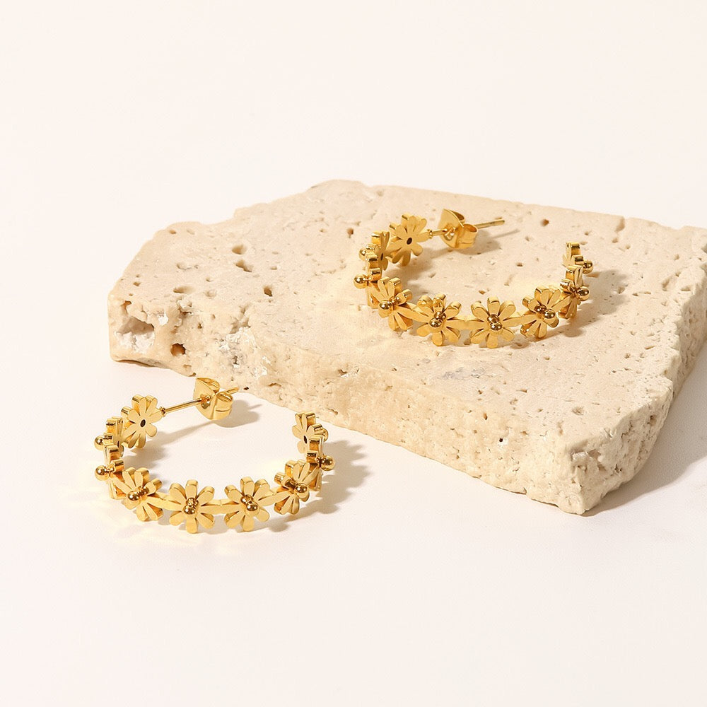 18K Gold Flower Blossom Hoop Huggie Earrings