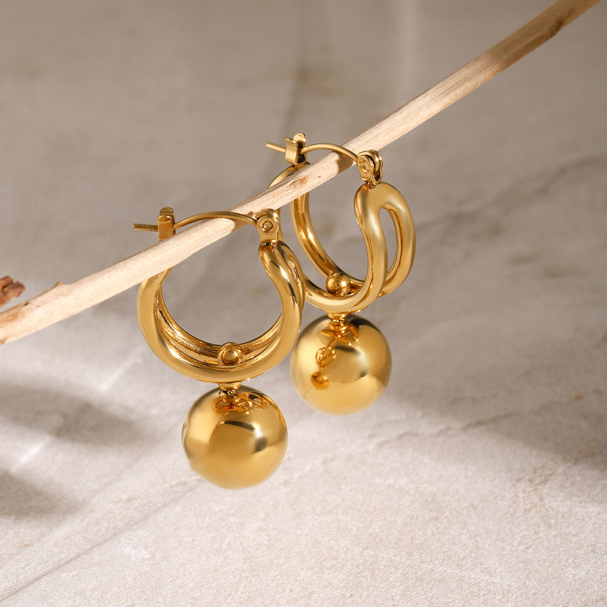 18K Gold Slideable Ball Drop Dangle Huggie Earrings