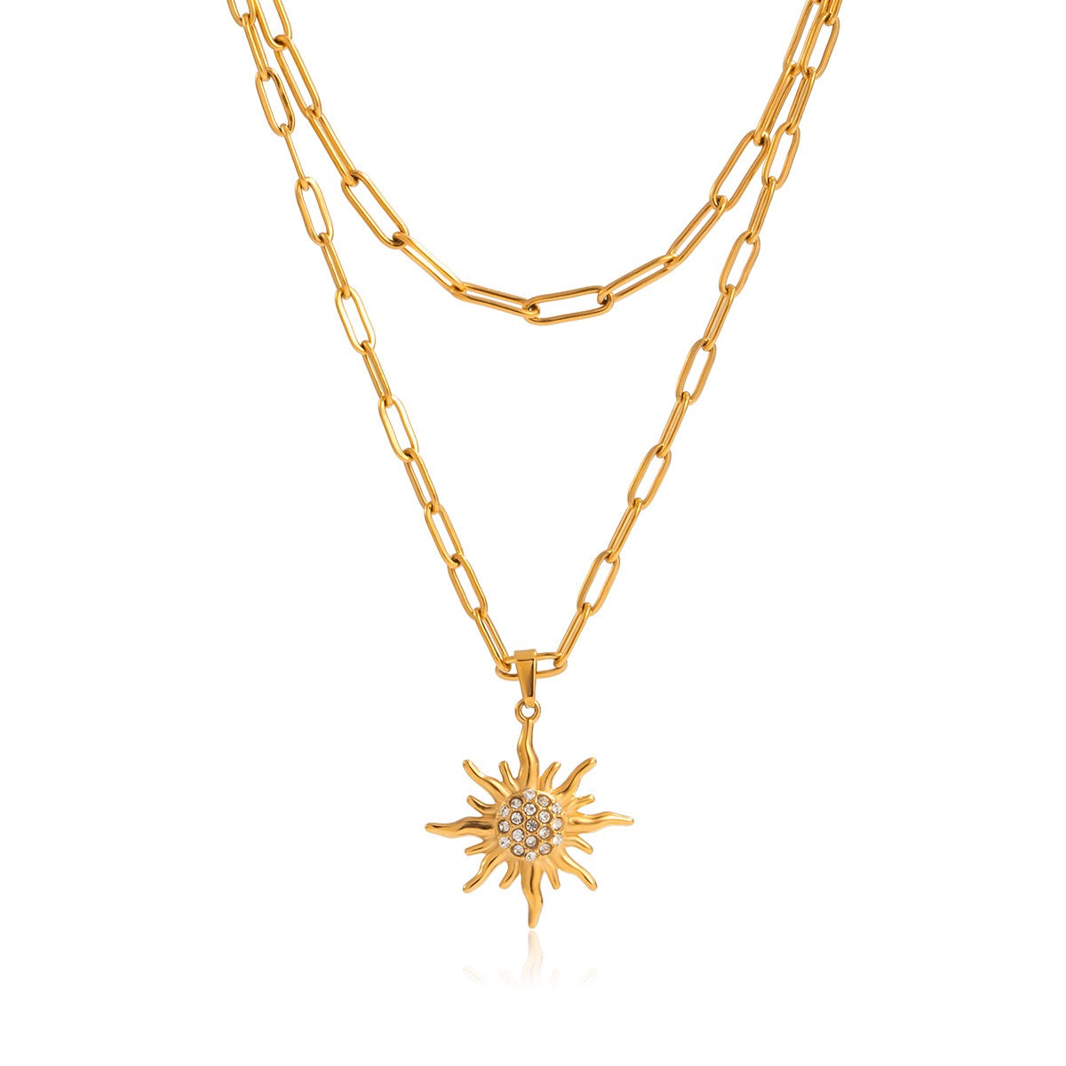 18K Gold Solar Pendant Paper Clip Double Chain Layered Necklace Set
