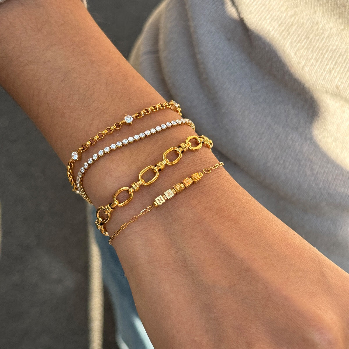 18K Gold HAPPY Letter Dainty Chain Bracelet
