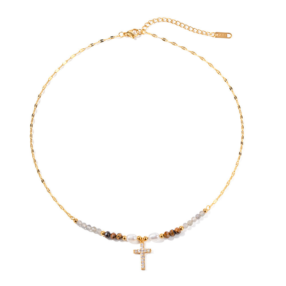 18K Gold Cross Pearl Beaded Pendant Necklace