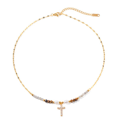 18K Gold Cross Pearl Beaded Pendant Necklace