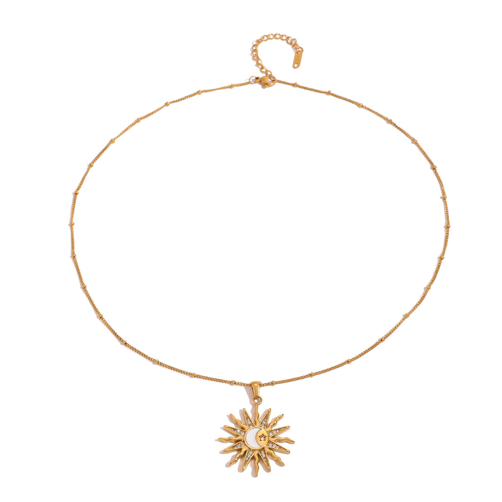 18K Gold Bright Sun Pendant Statement Long Necklace