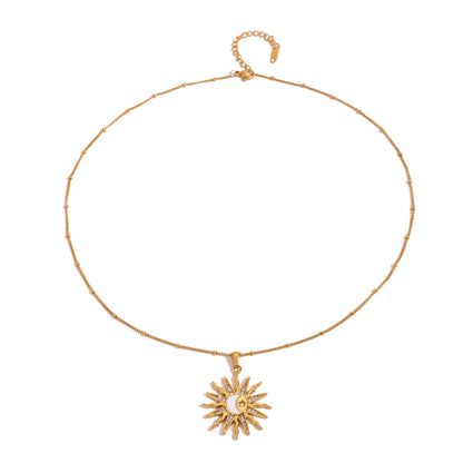 18K Gold Bright Sun Pendant Statement Long Necklace