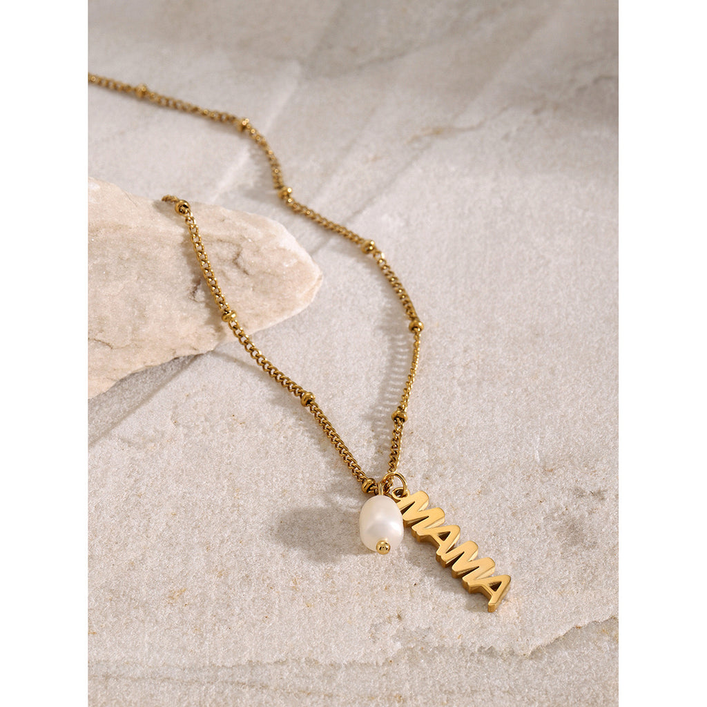 18K Gold MAMA Pearl Charm Pendant Necklace