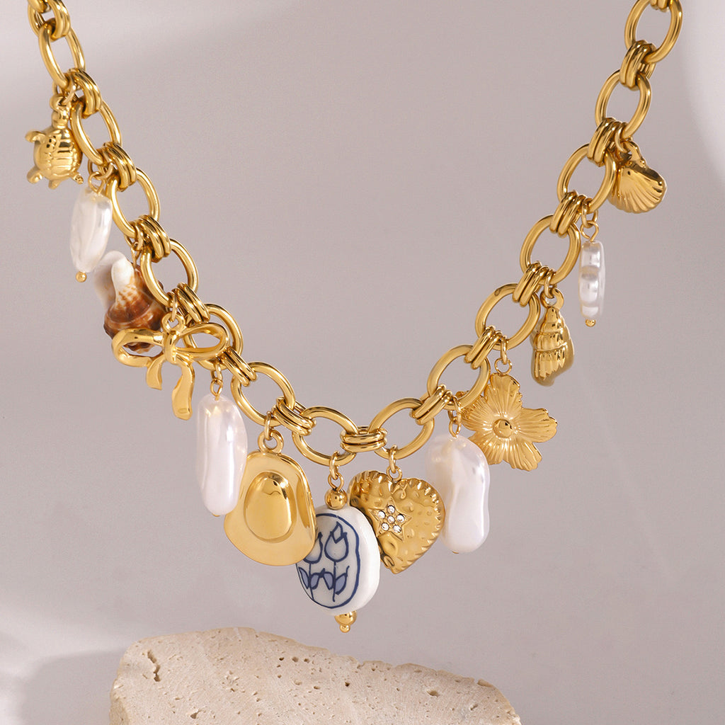 18K Gold Summer Pearl Cowboy Hat Charm Necklace