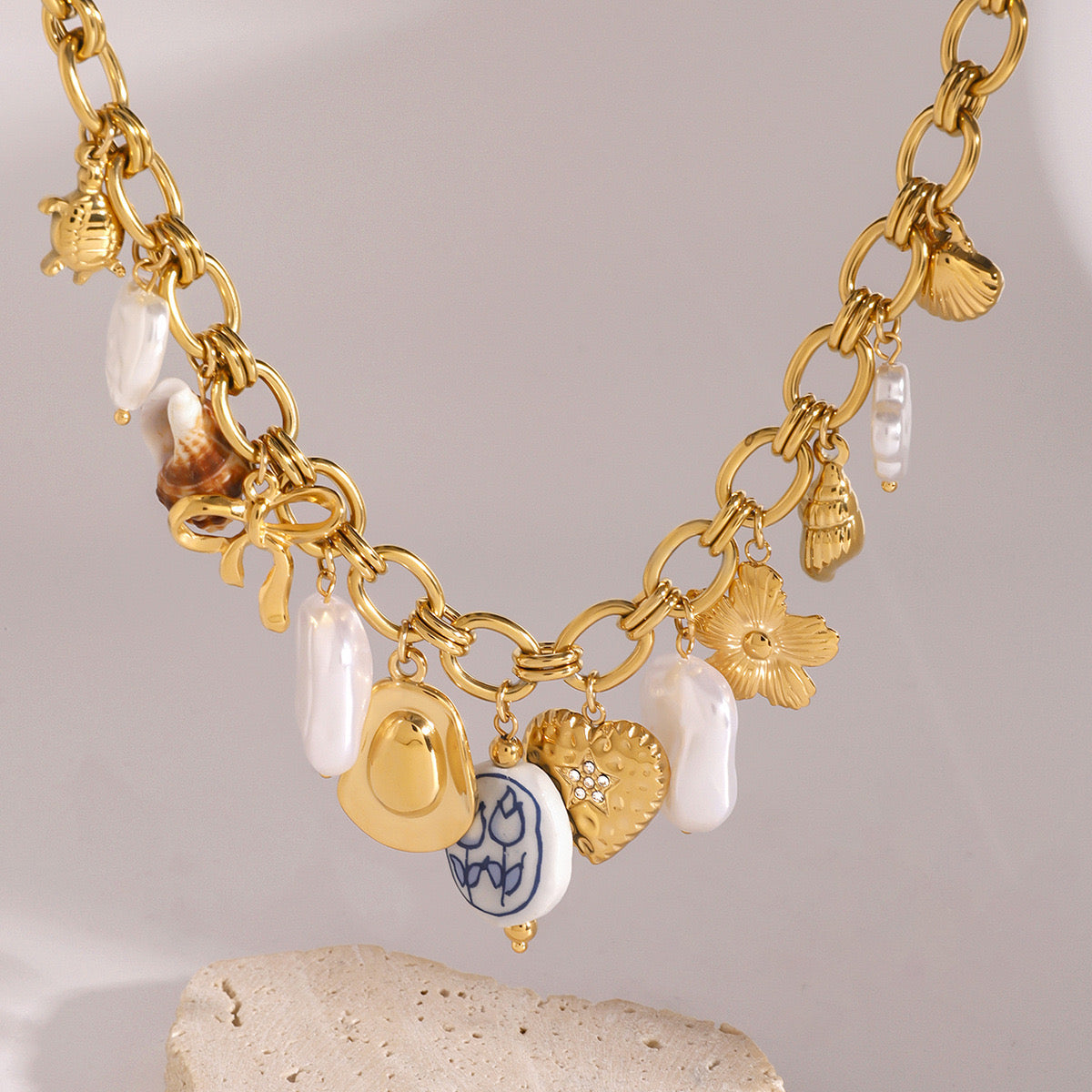 18K Gold Summer Pearl Cowboy Hat Charm Necklace