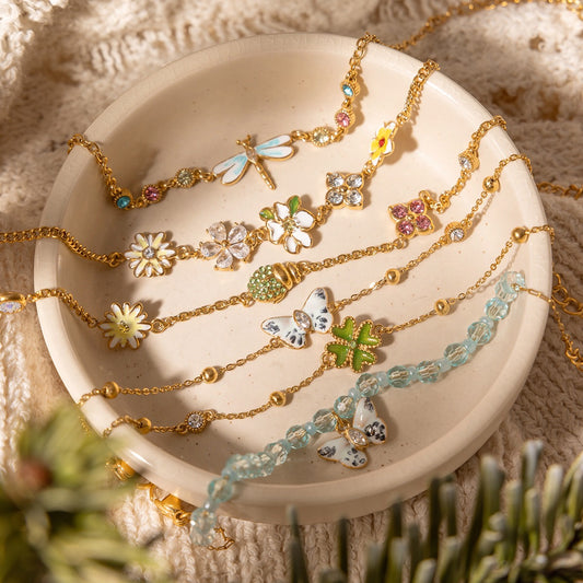 18K Gold Enchanted Garden Flower Dragonfly Butterfly Dainty Bracelet