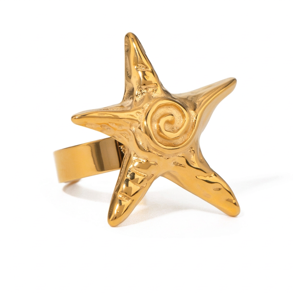 18K Gold Ocean Swirl Starfish Pendant Necklace & Statement Ring Set