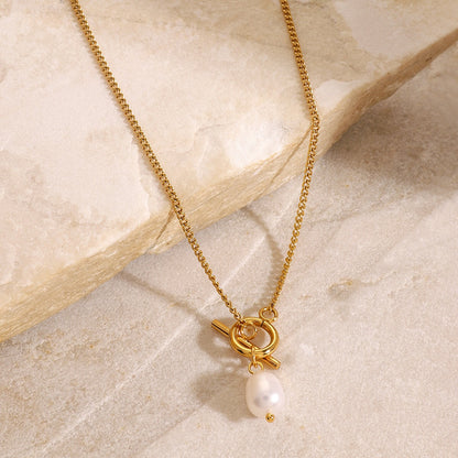 18K Gold Simple Pearl Pendant Toggle Chain Necklace