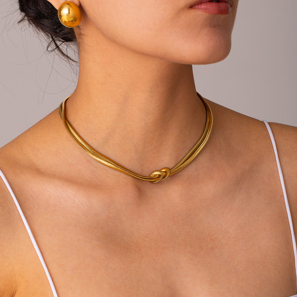 18K Gold Knotted Herringbone Snake Chain Choker Necklace