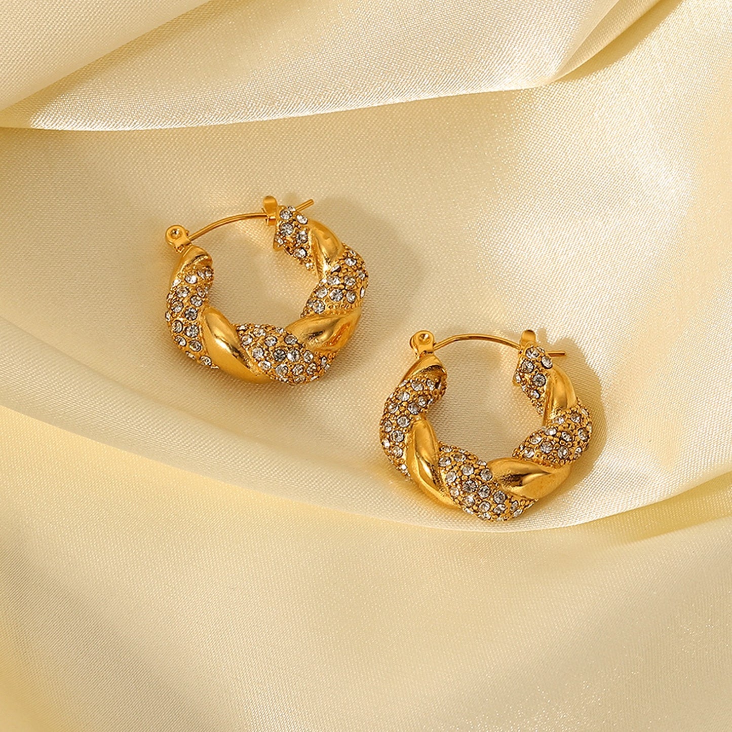 18K Gold Bling Twisted Small Hoop Huggie Earrings