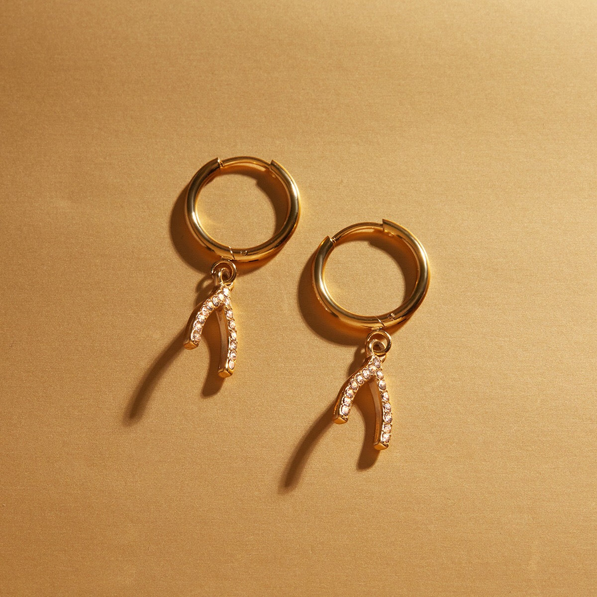 18K Gold Bling Wishing Bone Small Hoop Huggie Earrings with Charm