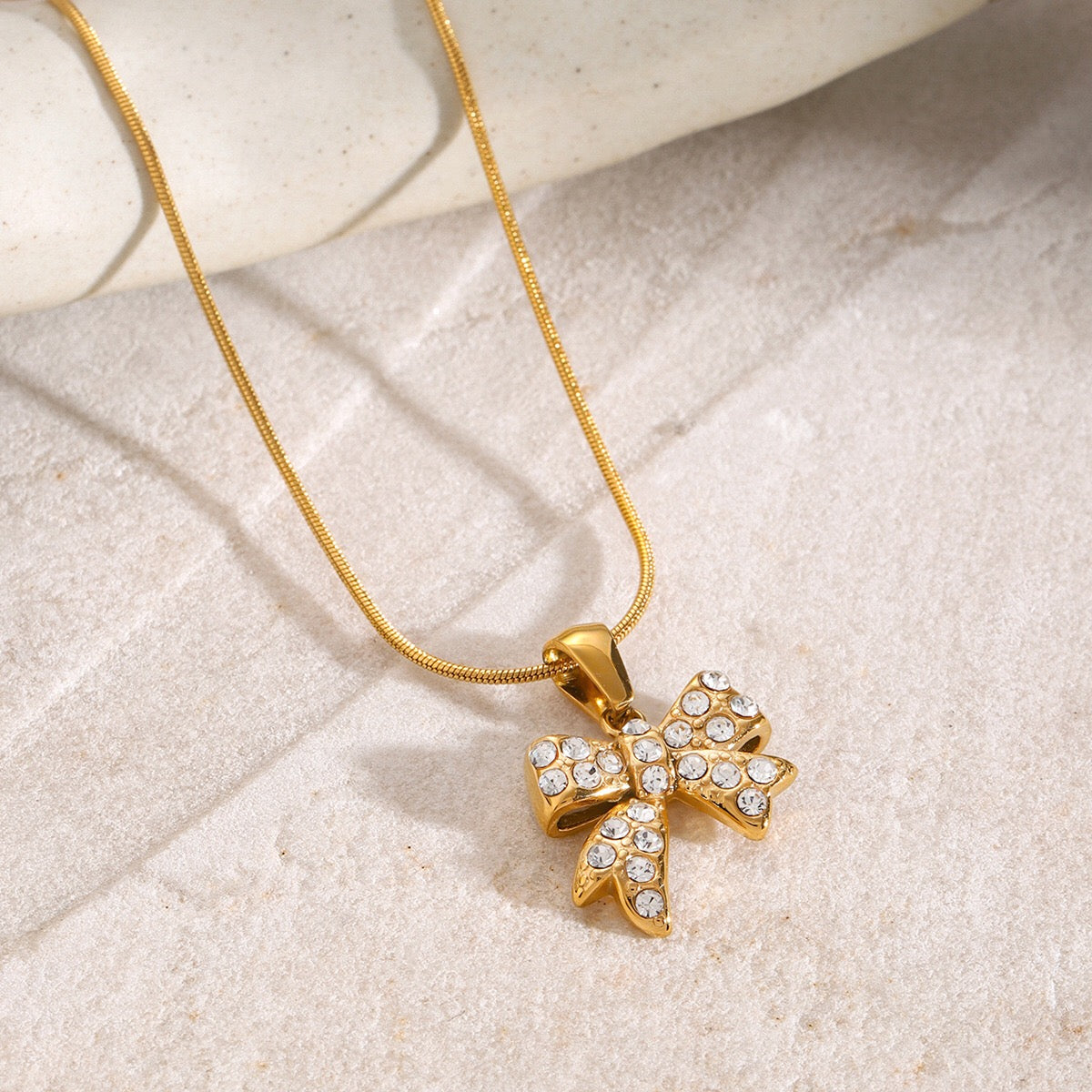 18K Gold Bejeweled Coquette Bow Pendant Necklace