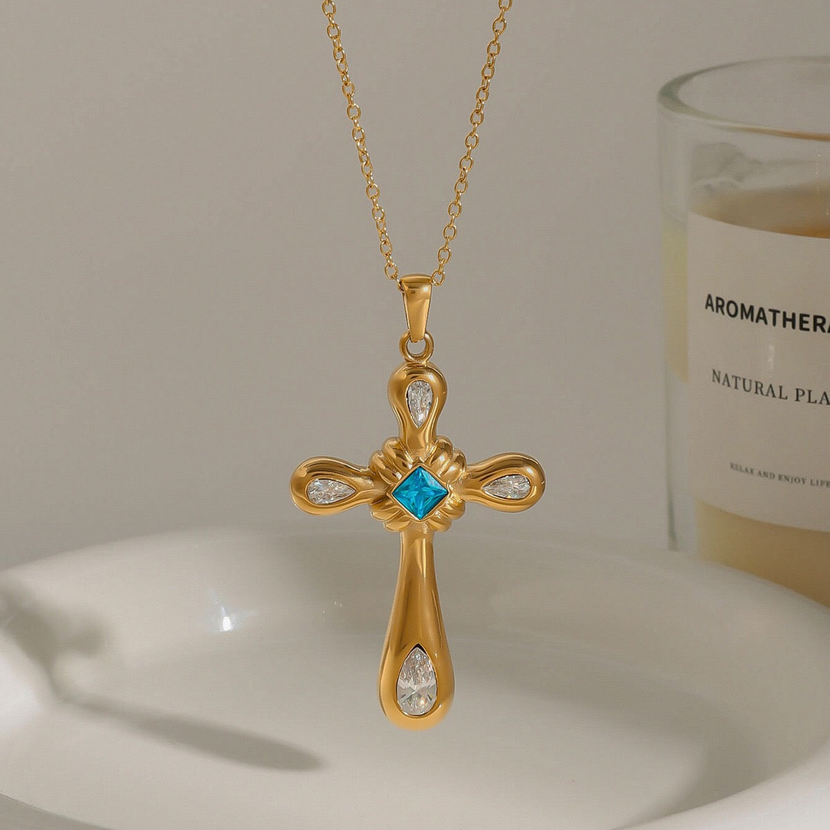 18K Gold Blue Halo Cross Pendant Statement Long Necklace