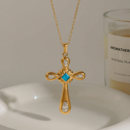 18K Gold Blue Halo Cross Pendant Statement Long Necklace