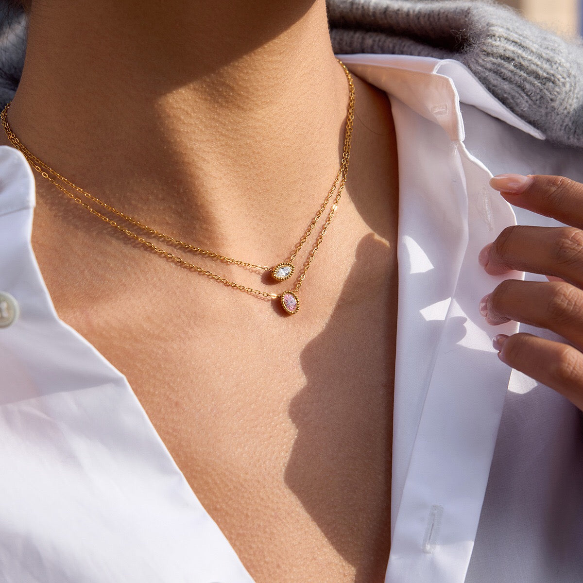 18K Gold Subtle Pink Dainty Bezel Pendant Necklace