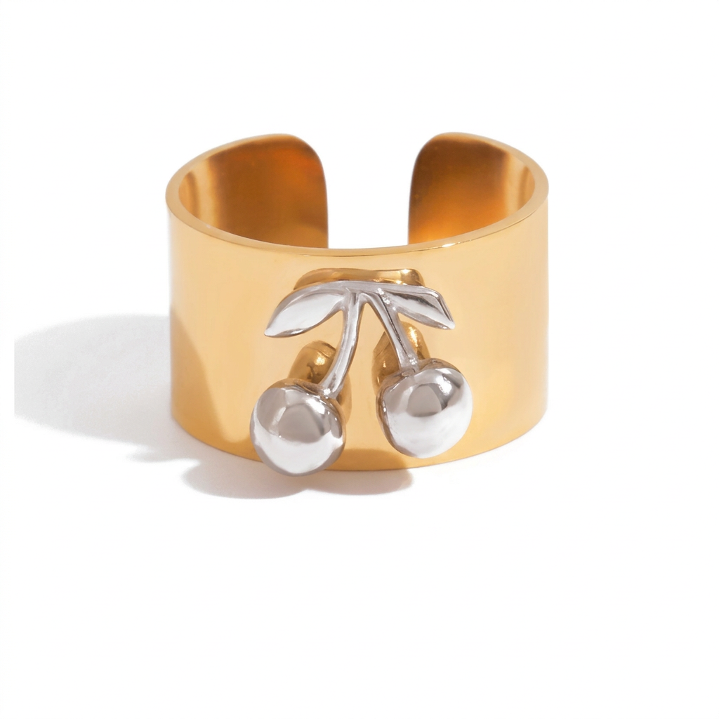 18K Gold and Silver Two Tone Sweet Glow Cherry Heart Band Ring