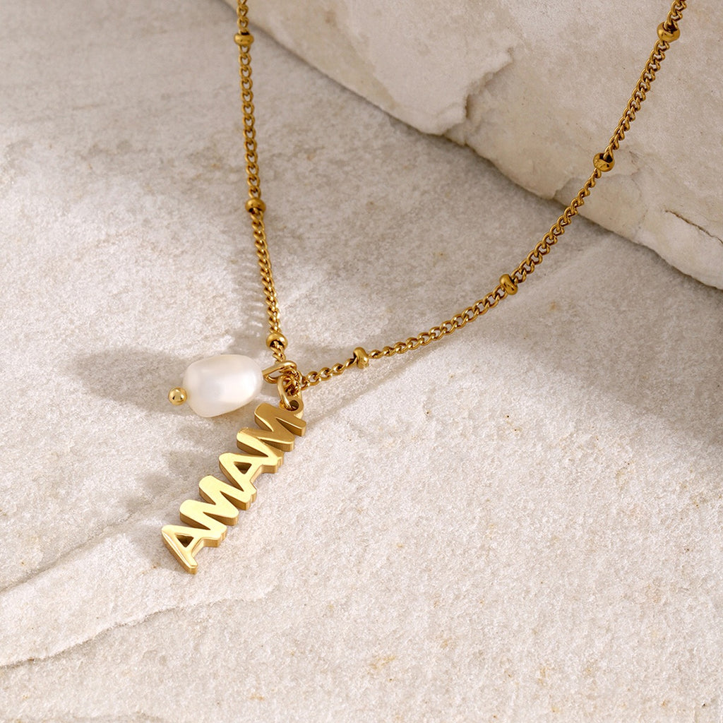18K Gold MAMA Pearl Charm Pendant Necklace