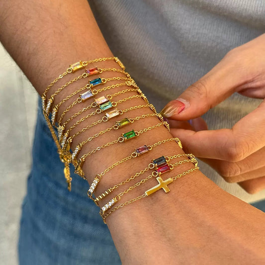 18K Gold Cross Birthstone Bracelets Set