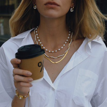 18K Gold Divine Pearl Herringbone Snake Chain Necklace Set