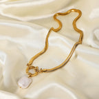 18K Gold Herringbone Snake Chain Pearl Pendant Charm Necklace