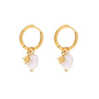 18K Gold Star Pearl Huggie Earrings with Charm