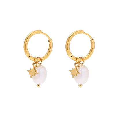 18K Gold Star Pearl Huggie Earrings with Charm