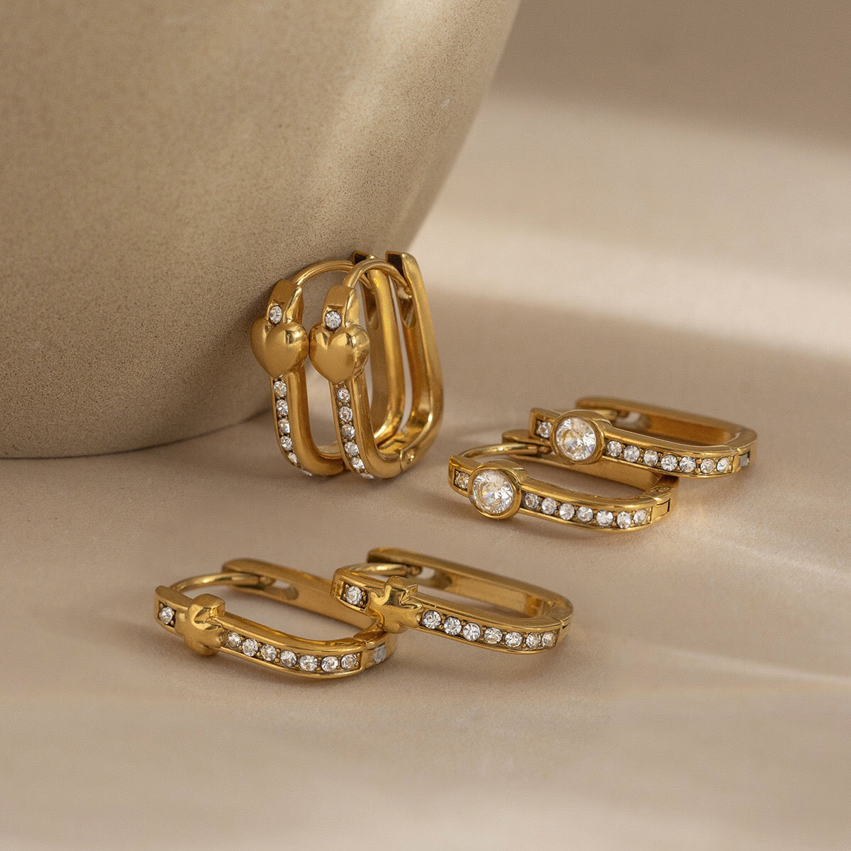 18K Gold Iced Frame Heart Small Rectangle Hoop Huggie Earrings