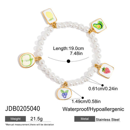 18K Gold Tropical Fruit Charm Pearl Chain Bracelet Stack