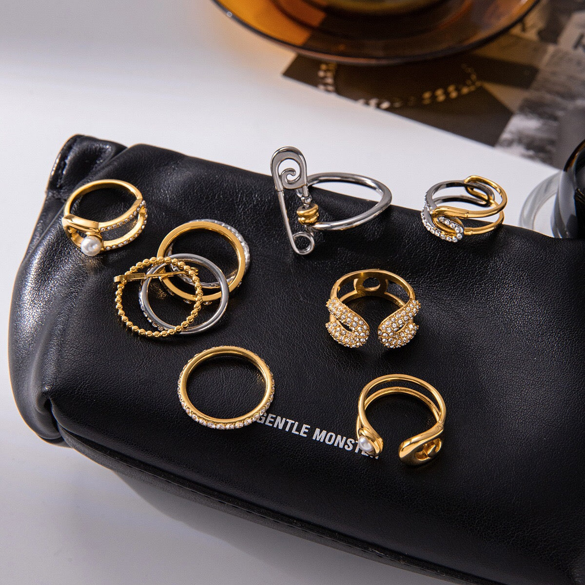 18K Gold Runway Chic Safety Pin CZ Pearl Statement Rings