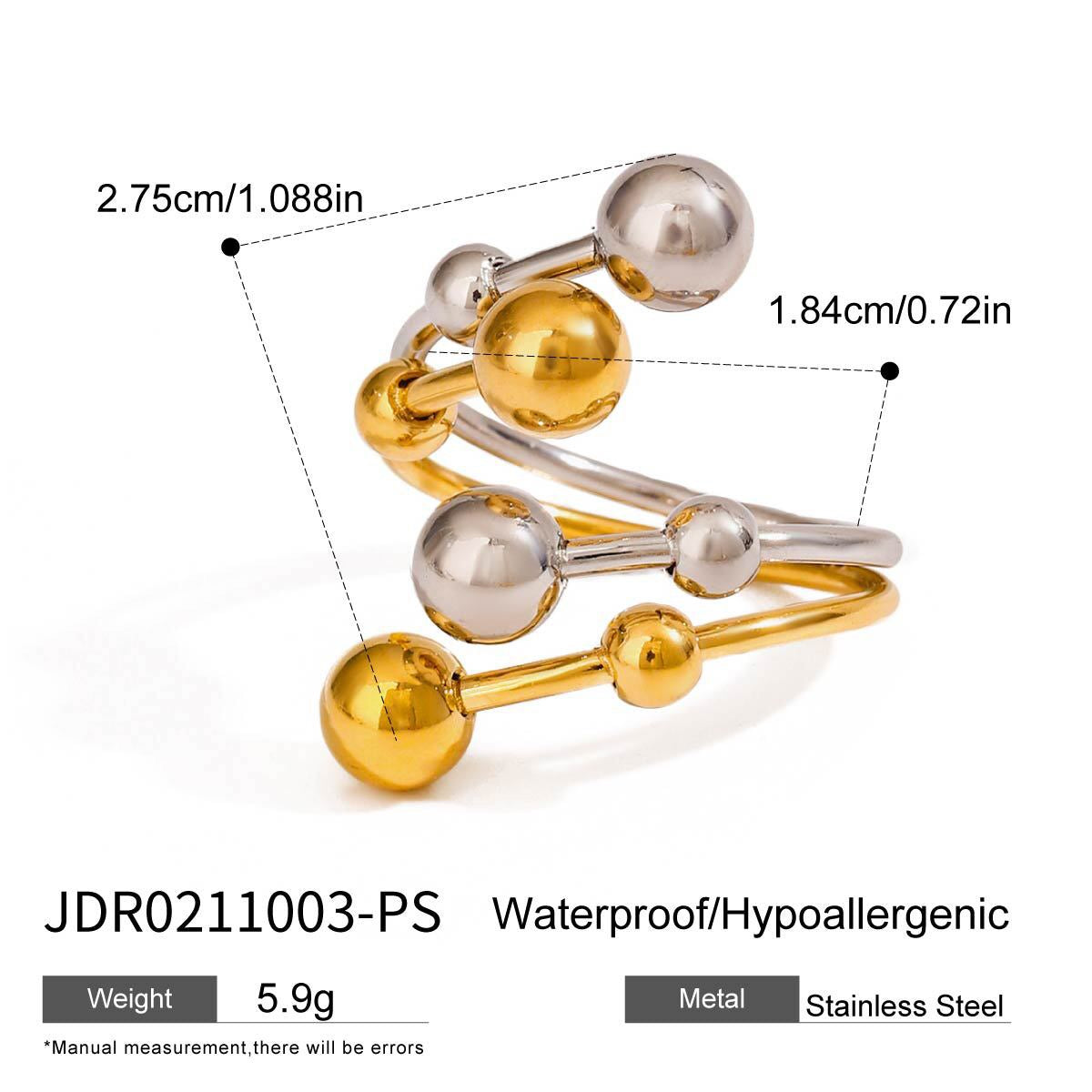 18K Gold and Silver Two Tone Orbit Beads Cuff Ring