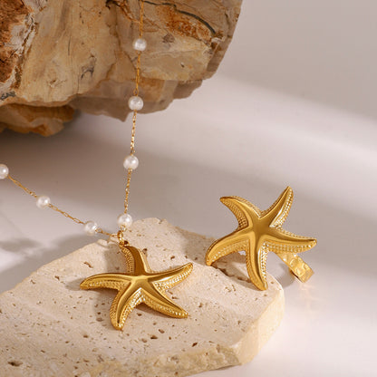 18K Gold Starfish Pearl Beaded Chain Pendant Necklace
