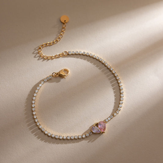 18K Gold Pink Promise Heart Dainty Tennis Chain Bracelet