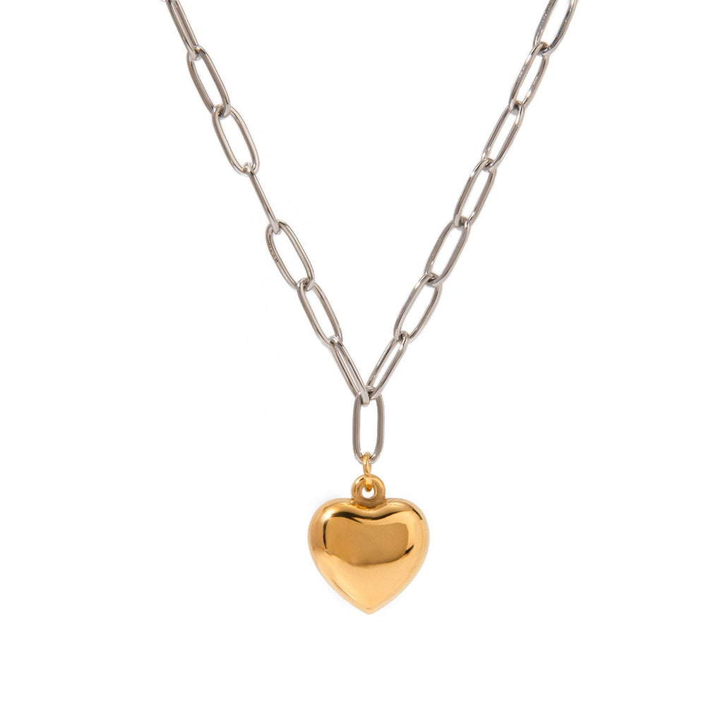 18K Gold Two Tone Paperclip Chain Puffy Heart Pendant Necklace