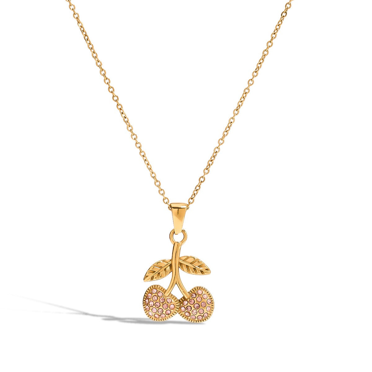 18K Gold Pink Cherry Pendant Herringbone Chain Layered Necklace Set