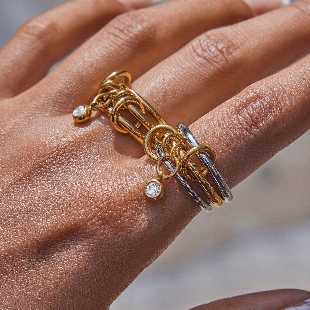 18K Gold and Silver Two Tone Bejeweled Multi Layers Spinelli Trinity Stacking Rings