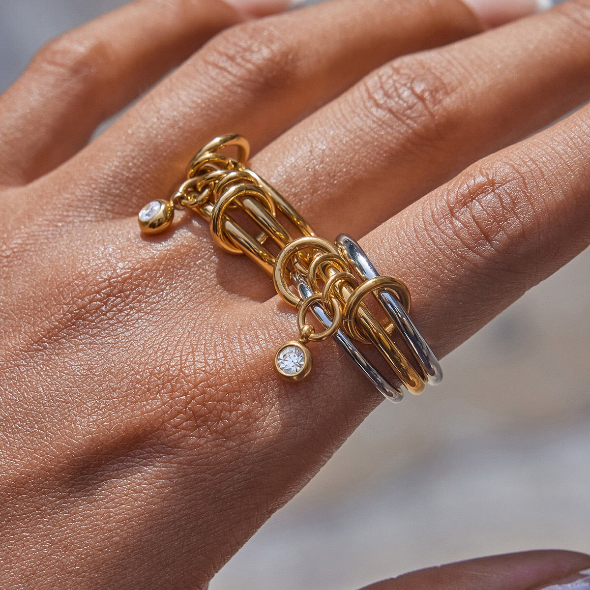18K Gold and Silver Two Tone Bejeweled Multi Layers Spinelli Trinity Stacking Rings