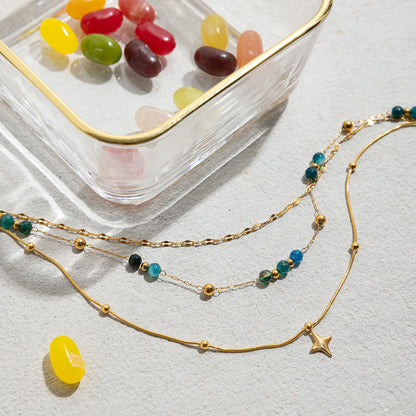 18K Gold Dainty Star Pendant Ocean Blue Beaded Layered Necklace Set
