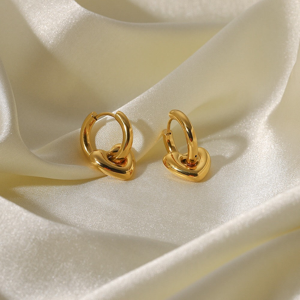 18K Gold Heart Huggie Earrings