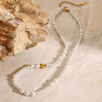 18K Gold Heart Pearl Chain Beaded Collar Necklace