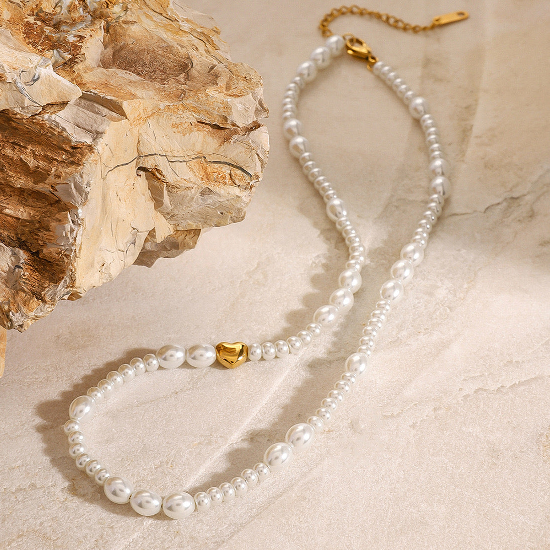 18K Gold Heart Pearl Chain Beaded Collar Necklace