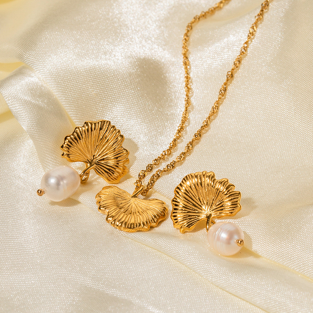 18K Gold Ginkgo Pearl Drop Dangle Stud Earrings