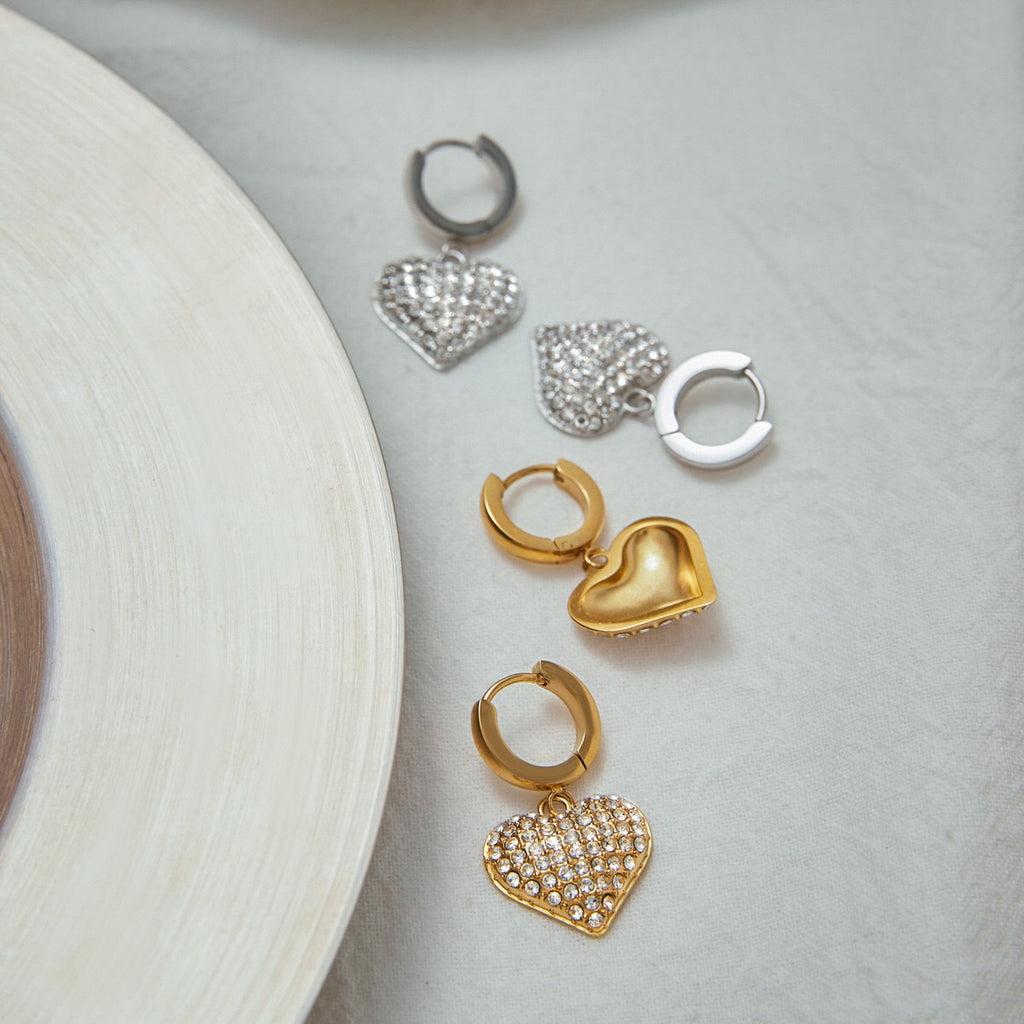 18K Gold Affection Pave Heart Dangle Small Hoop Huggie Earrings