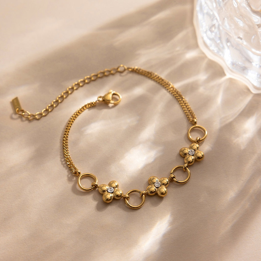 18K Gold Fortune Flower Four Leaf Clover Double Chain Bracelet