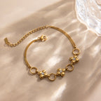 18K Gold Fortune Flower Four Leaf Clover Double Chain Bracelet
