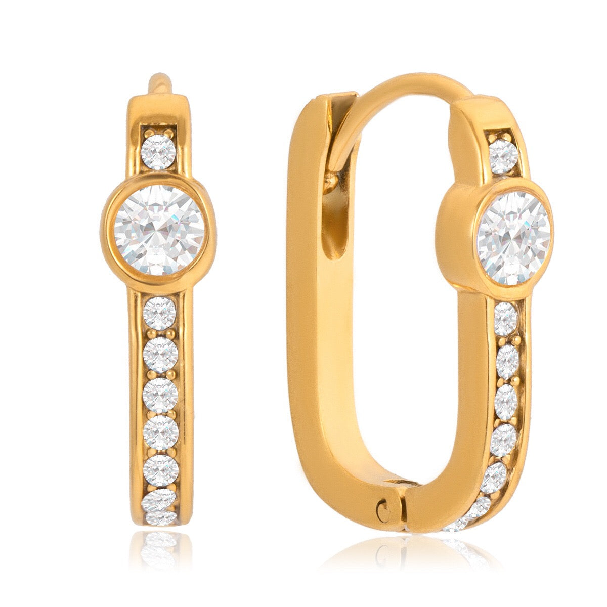 18K Gold Iced Frame Heart Small Rectangle Hoop Huggie Earrings