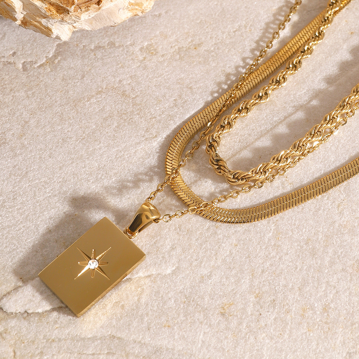 18K Gold Starburst Pendant Herringbong Snake Rope Chain Layered Necklace